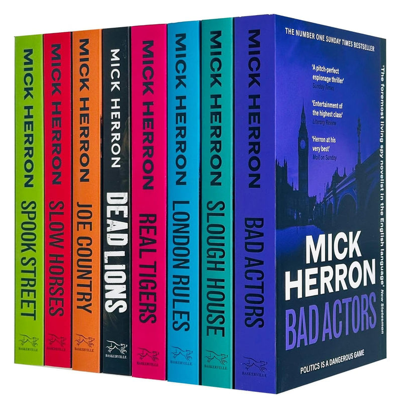 Eight paperback books from Mick Herron's Slough House Thriller Series by John Murray Ltd, featuring thriller fiction collection.