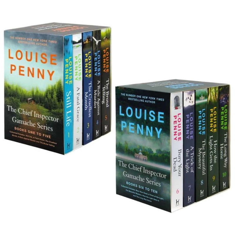Sphere book collection of Chief Inspector Gamache Series 1-10 by Louise Penny, featuring colorful cover art and titles.