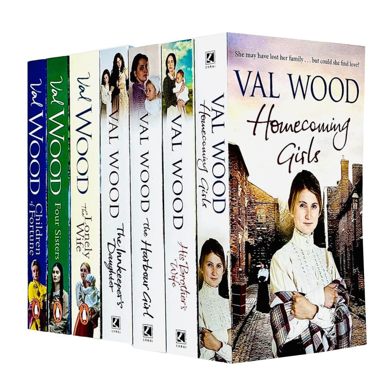 Seven paperback fiction books from the Val Wood Collection by Corgi, featuring the Val Wood brand on the covers.