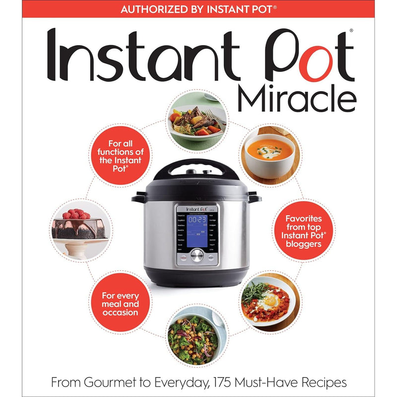 Open cookbook showing colorful pages with instant pot recipes and cooking tips from Houghton Mifflin Co.