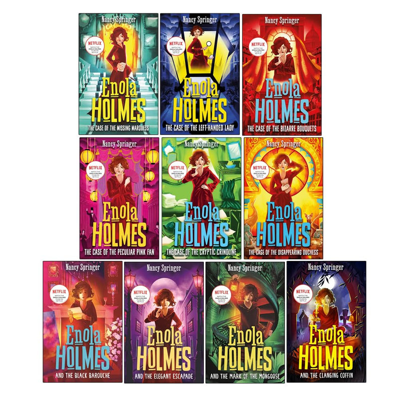 Enola Holmes Mysteries series 1-10 book collection by Nancy Springer, featuring colorful covers and titles from the Enola Holmes series.