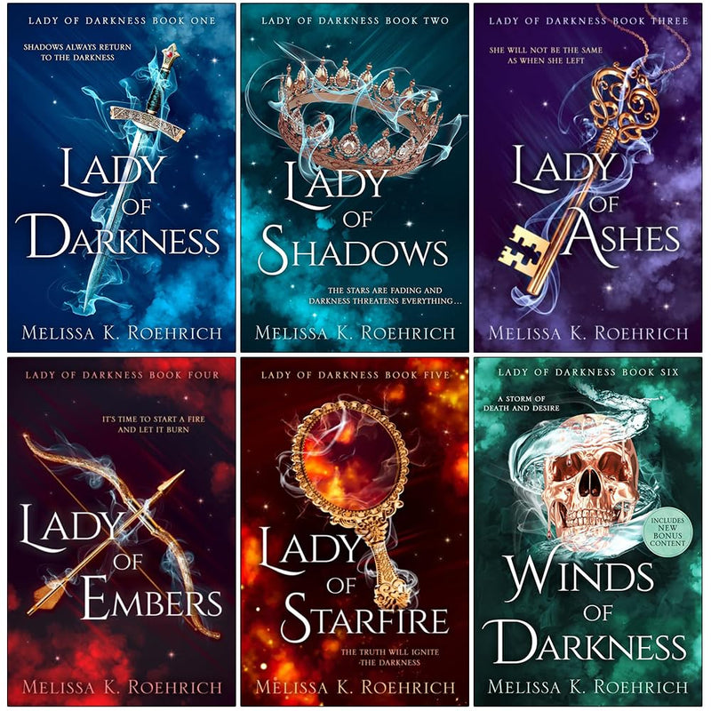 Lady of Darkness series 6-book collection by Melissa K. Roehrich, featuring book covers from Lady of Shadows to Winds of Darkness.