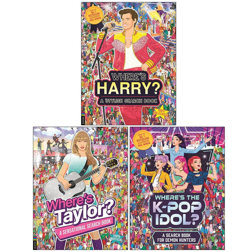 Three paperback books from Paul Harris's Where’s Harry? & Taylor? & K-Pop Idol collection by Studio Press Ltd, featuring colorful cover art.