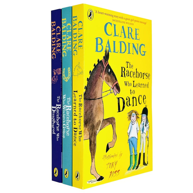 Clare Balding Charlie Bass Collection 3 books set from Puffin Ltd, featuring colorful covers of The Racehorse Who Wouldn't Gallop.