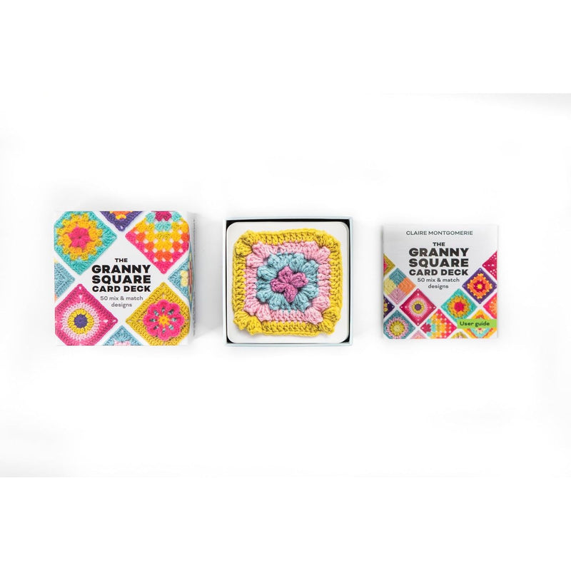 Crochet card deck featuring 50 colorful granny square designs by Claire Montgomerie, perfect for crochet project inspiration.