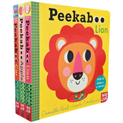 Set of Peekaboo Series 3 books by Camilla Reid, including Peekaboo Apple, Lion, and Car, featuring colorful illustrations for young children.