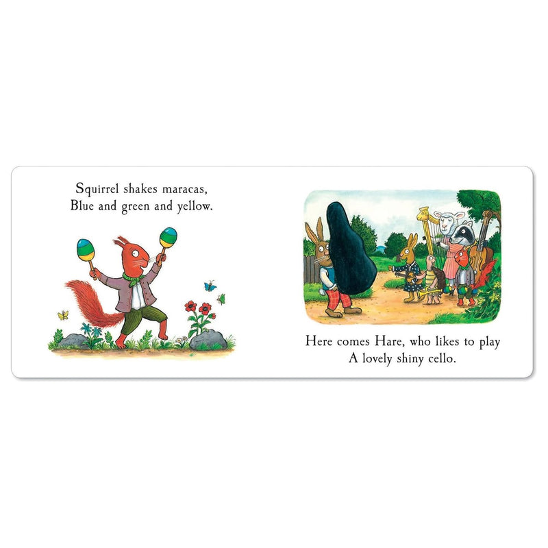 Cover of "Badger's Band: A Lift-the-flap Story" children's book by Julia Donaldson, featuring colorful illustrations of animals.
