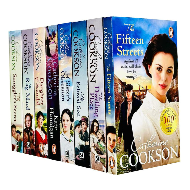 Set of eight Catherine Cookson paperback fiction books including My Beloved Son and The Dwelling Place, featuring colorful cover art.