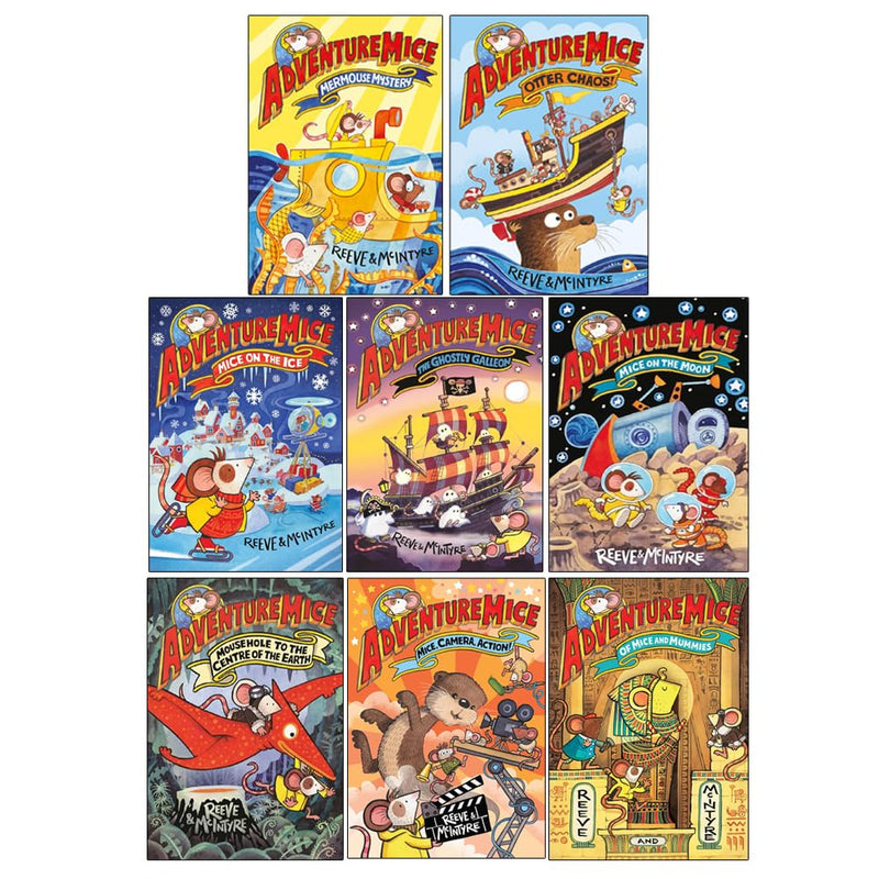 Collection of Adventuremice Series 8 books by Philip Reeve and Sarah McIntyre in paperback, featuring colorful covers and illustrations.