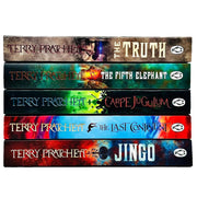 Set of five Discworld novels by Terry Pratchett in paperback, part of the Penguin series, featuring colorful cover art.