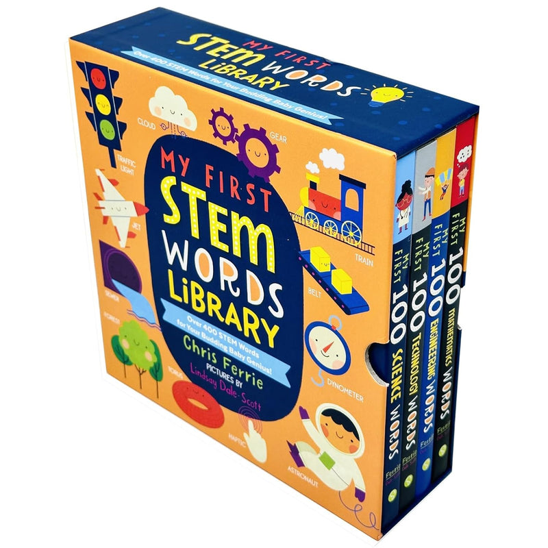 My First Stem Words Library set by Chris Ferrie, includes four books on science, technology, engineering, and math concepts.