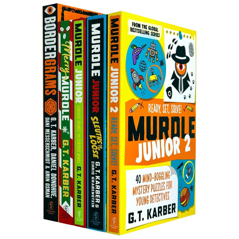 Set of five G. T. Karber Murdle Puzzle Series fiction paperback books from Souvenir Press Ltd, featuring colorful cover art.