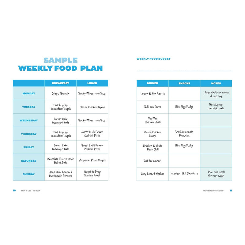 Meal planner book titled "Bored of Lunch" by Nathan Anthony, featuring colorful cover design and meal planning pages.