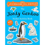 Jonty Gentoo sticker activity book and "The Adventures of a Penguin" by Julia Donaldson, part of the Alison Green Books series.