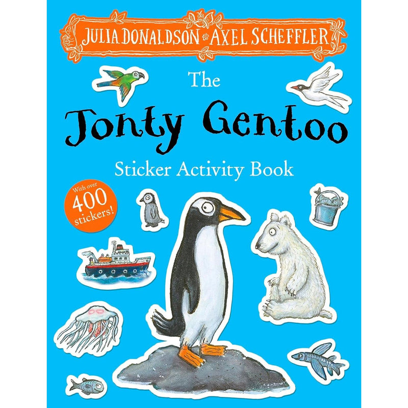 Jonty Gentoo sticker activity book and "The Adventures of a Penguin" by Julia Donaldson, part of the Alison Green Books series.