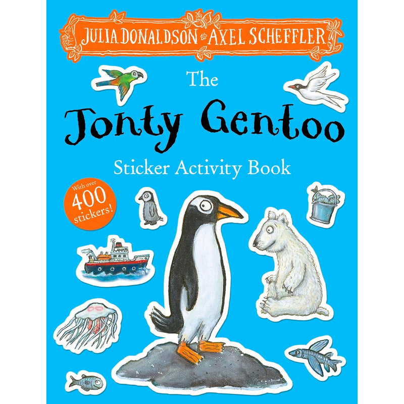 Jonty Gentoo Sticker Activity Book by Julia Donaldson, featuring mazes and do-to-dots for kids, published by Alison Green Books.