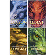 Set of four paperback fantasy books from The Inheritance Cycle by Christopher Paolini, featuring colorful covers and illustrations.