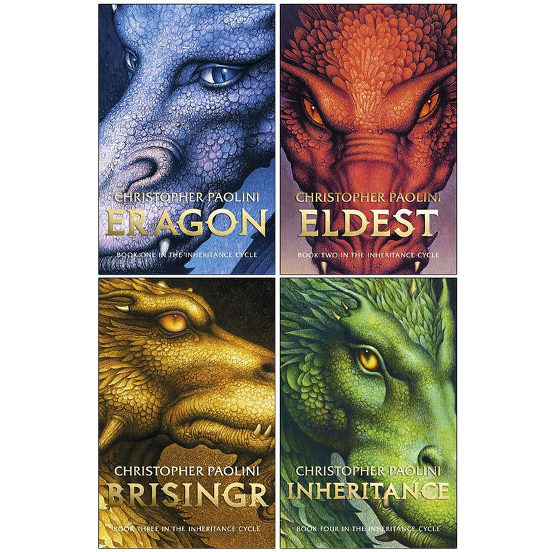 Set of four paperback fantasy books from The Inheritance Cycle by Christopher Paolini, featuring colorful covers and illustrations.