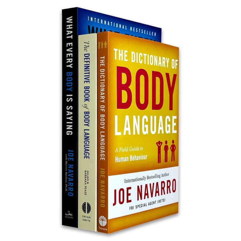 Collection of three books on body language by Joe Navarro, Allan Pease, and Barbara Pease, featuring covers of "What Every Body Is Saying" and more.