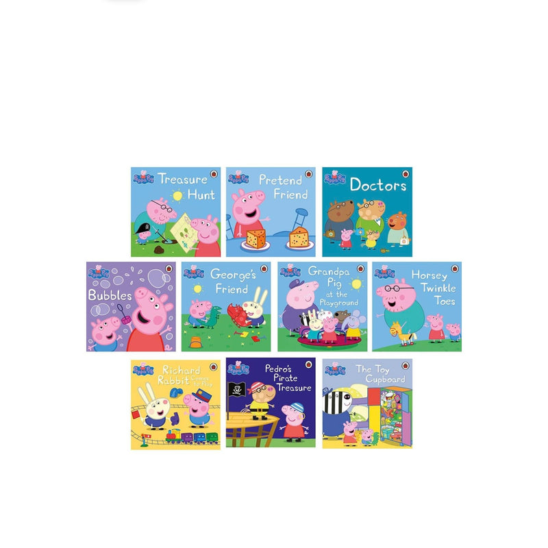 Peppa Pig 10 Book Set(Pretend Friend, George’s Friend, Doctors, Bubbles, Grandpa Pig at the Playground, Richard Rabbit Comes to Play, Pedro’s Pirate Treasure, The Toy Cupboard, Horsey Twinkle Toes, Treasure Hunt) - The Book Bundle
