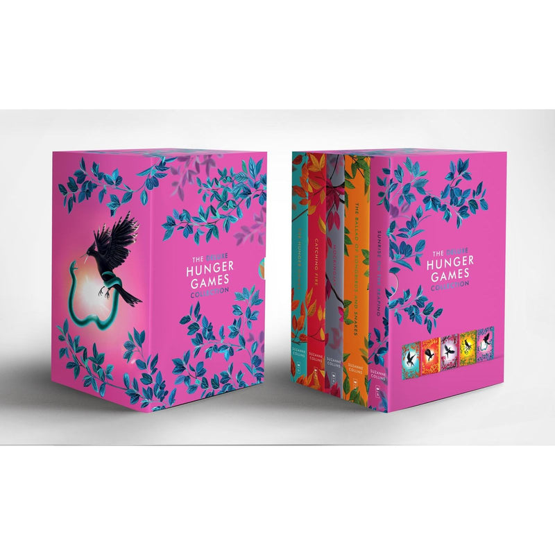 Set of five paperback books from The Hunger Games collection by Suzanne Collins, featuring young adult dystopian novel series.
