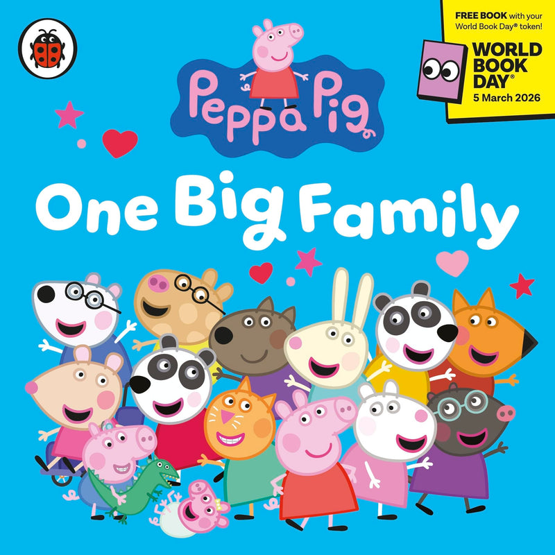 Peppa Pig: One Big Family book by Ladybird for World Book Day 2026, featuring Peppa and her family in colorful illustrations.
