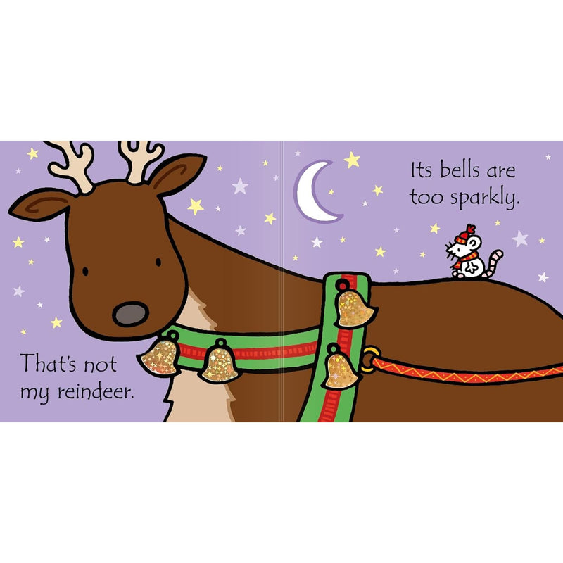 Bright illustration from "That's Not My Reindeer" by Fiona Watt, a Christmas-themed baby and toddler book with colorful reindeer images.