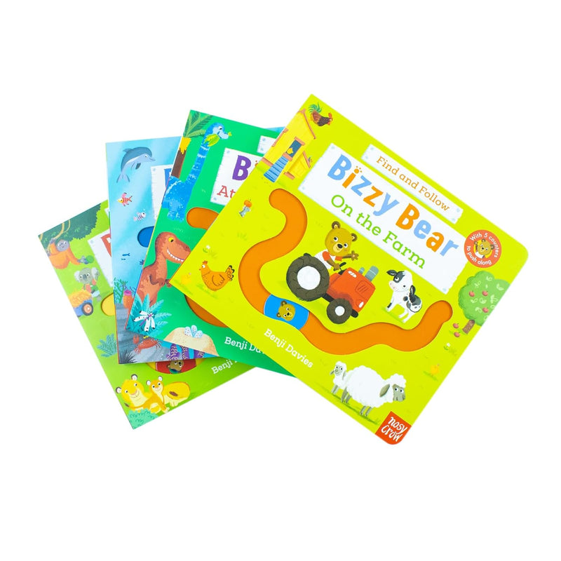 Bizzy Bear Find & Follow Series 4 Books Set (At The Zoo, On The Farm, At The Dinosaur Park, Under The Sea) - The Book Bundle