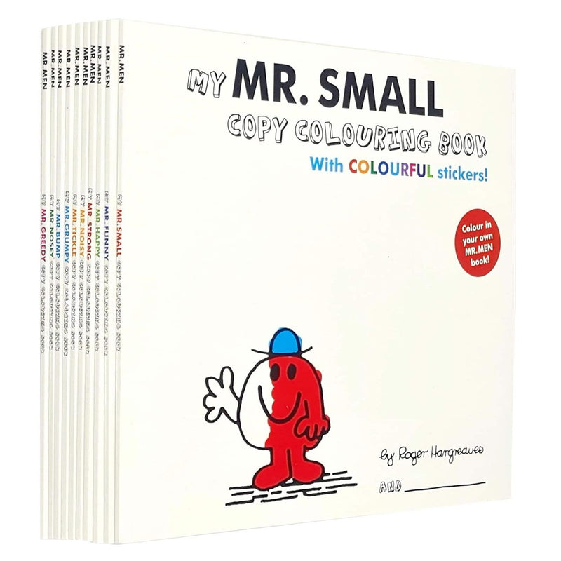 Set of 10 Mr Men books by Roger Hargreaves for ages 3-5, paperback collection featuring colorful covers and playful characters.
