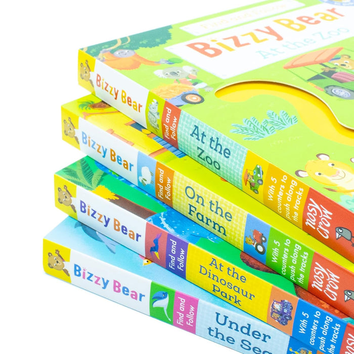Bizzy Bear Find & Follow Series 4 Books Set (At The Zoo, On The Farm, At The Dinosaur Park, Under The Sea) - The Book Bundle