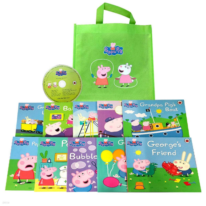 Peppa Pig 20-Book Collection with 2 Audio CDs – Lime & Purple Bag Storybook Sets (Featuring Grandpa Pig, George, Suzy, Museum, Time Capsule, Rock Pools & More)