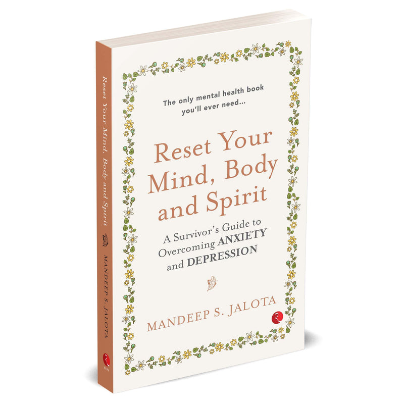 Paperback book titled "Reset Your Mind, Body and Spirit" by Rupa Publications India, focusing on overcoming anxiety and depression.