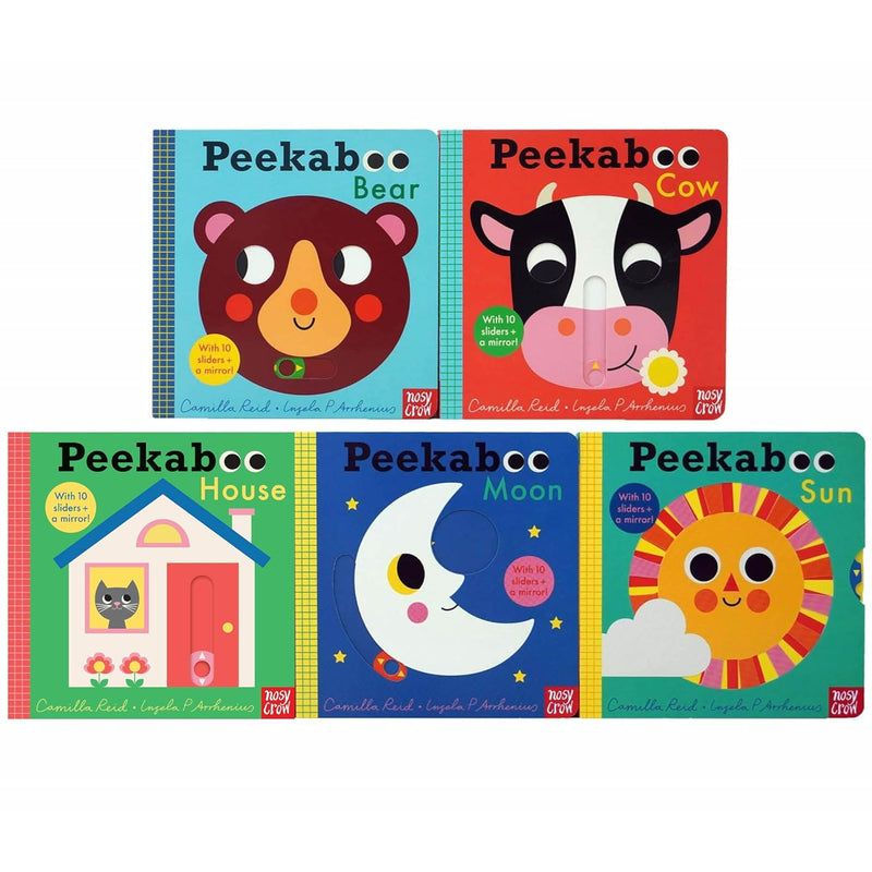 Peekaboo Series 5 books collection by Camilla Reid, featuring Peekaboo Bear, House, Cow, Sun, and Moon from Nosy Crow Ltd.