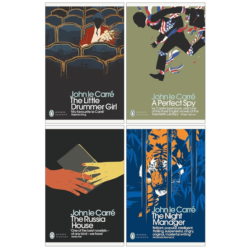 Set of four John le Carré spy novels including The Little Drummer Girl, A Perfect Spy, The Russia House, and The Night Manager by Penguin