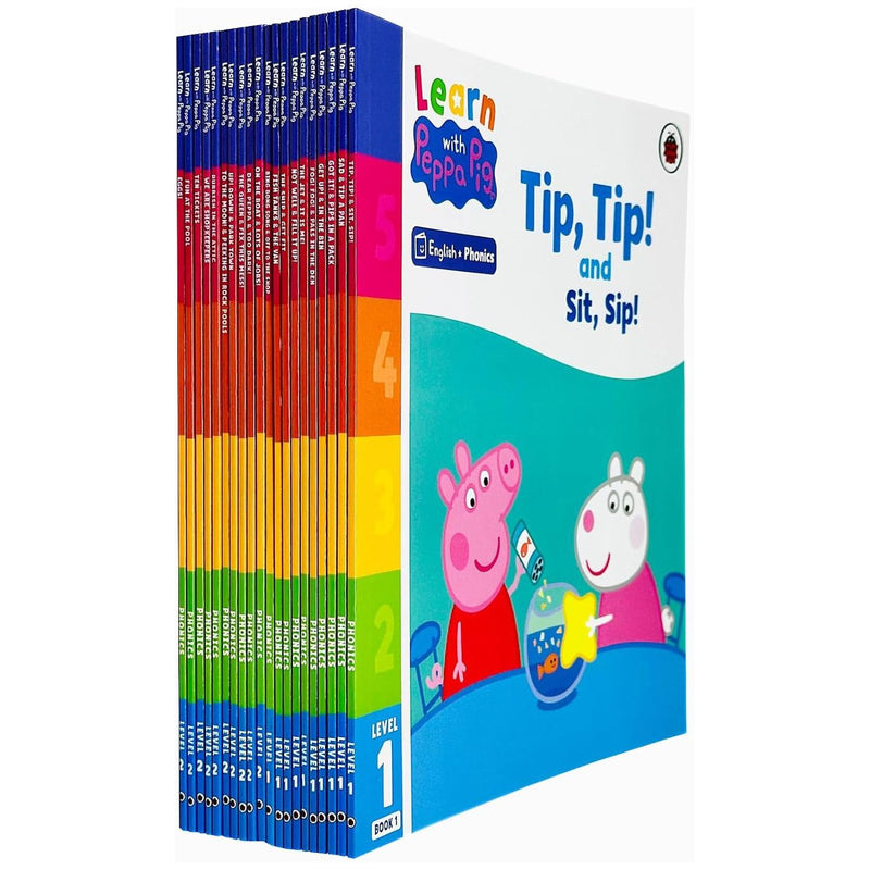 Learn with Peppa Phonics Level 1 & 2 book set by Peppa Pig, featuring colorful illustrations of Tip Tip, Sit Sip, Sad, and Tip a Pan.