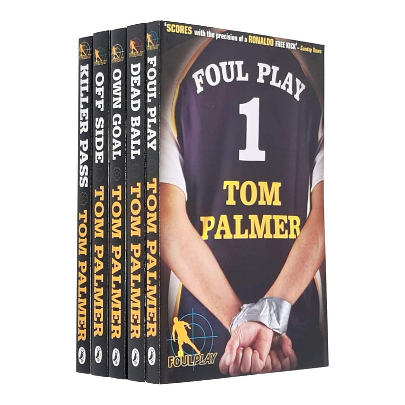Set of five Puffin paperback football detective books by Tom Palmer, featuring colorful covers with football-themed illustrations.