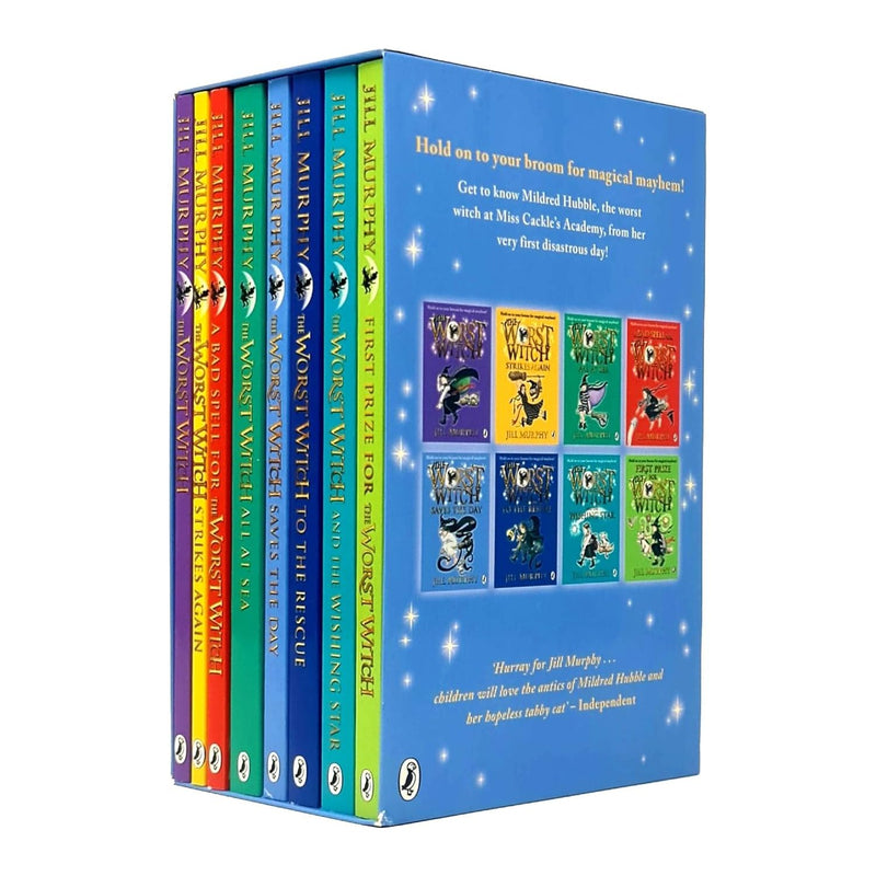 Set of eight Puffin books from Jill Murphy's The Worst Witch collection box with colorful covers featuring witch characters.