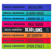 Eight paperback thriller books from Mick Herron's Slough House series, fiction collection published by John Murray Ltd.