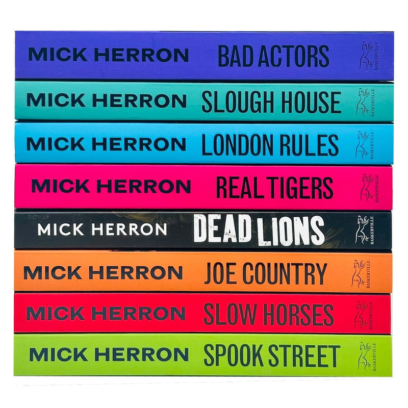 Eight paperback thriller books from Mick Herron's Slough House series, fiction collection published by John Murray Ltd.