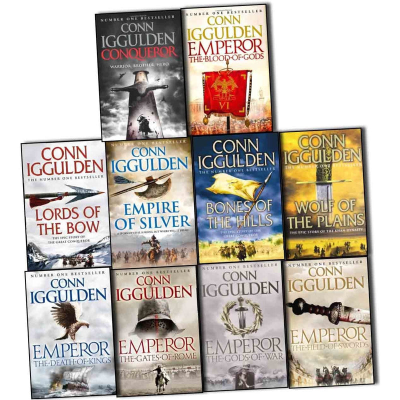 Set of 10 paperback books from Conn Iggulden's Emperor & Conqueror series, featuring historical fiction by Harper Collins.
