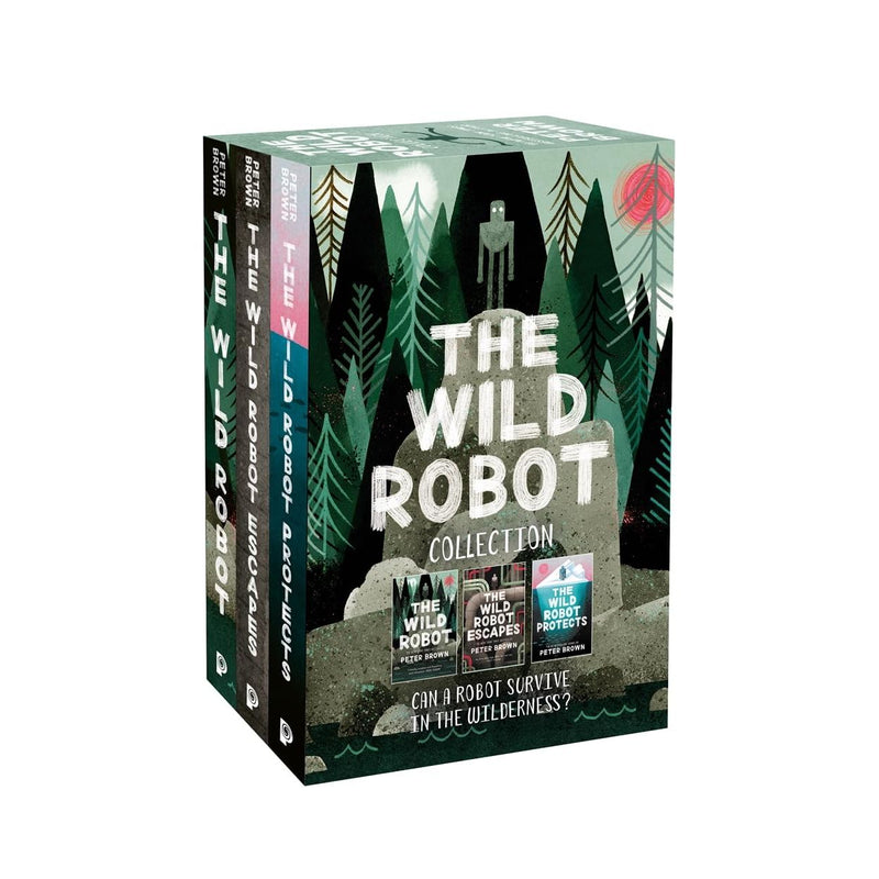 Three paperback books from The Wild Robot series by Peter Brown, published by Piccadilly Press, featuring colorful cover art.