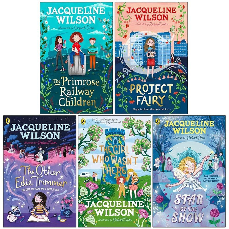 Jacqueline Wilson Puffin Ltd book set with five children's novels, including The Primrose Railway Children and Project Fairy.