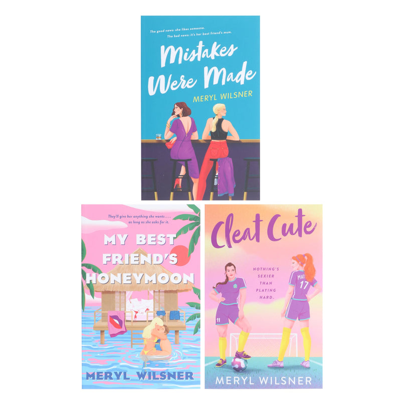 Set of three paperback fiction books by Meryl Wilsner, including Mistakes Were Made, Cleat Cute, and My Best Friend's Honeymoon.