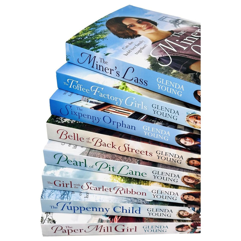 Set of eight Glenda Young books including The Toffee Factory Girls and The Sixpenny Orphan, featuring colorful cover art.