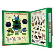 My Incredible Rainforest Expedition STEM Explorer book and 3D rainforest model kit by Susan Mayes, featuring colorful illustrations and models.