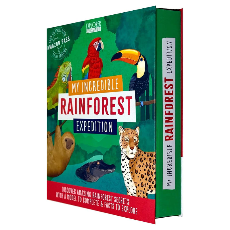 My Incredible Rainforest Expedition STEM explorer book and 3D model kit by Susan Mayes, featuring colorful rainforest illustrations and components.