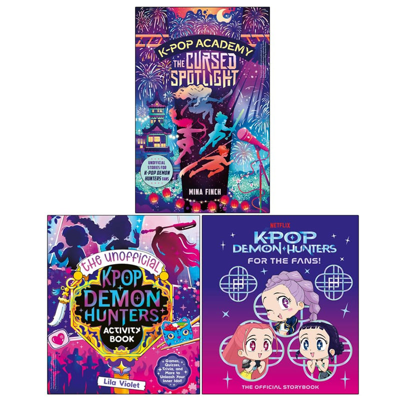 Set of three K-Pop Academy Cursed Spotlight books by Mina Finch, Angela Song, and Lila Violet, featuring arcade and fiction themes.