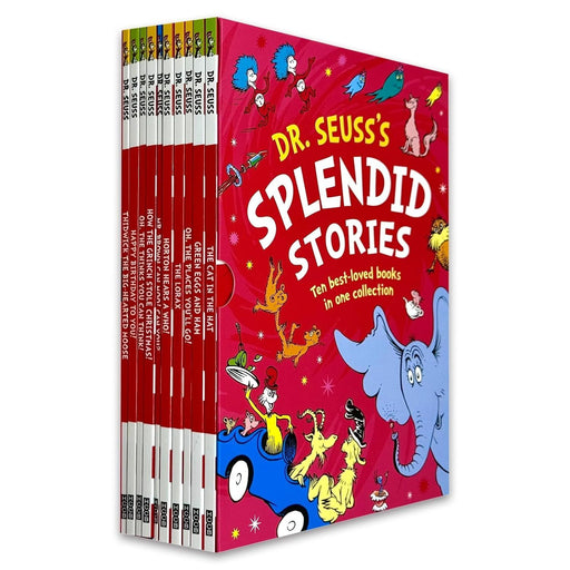 Dr. Seuss's Splendid Stories slipcase set with colorful paperback books by HarperCollinsChildren’sBooks featuring whimsical cover art.
