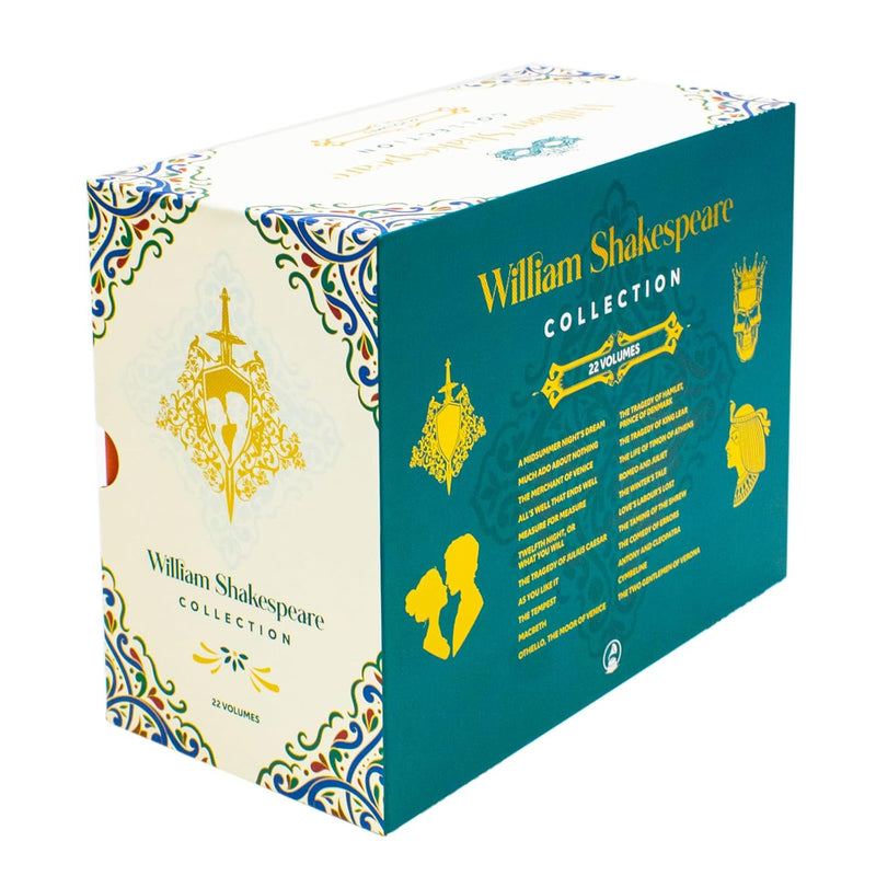William Shakespeare Complete Collection hardcover set featuring 22 classic editions of Shakespeare's works with detailed cover art.
