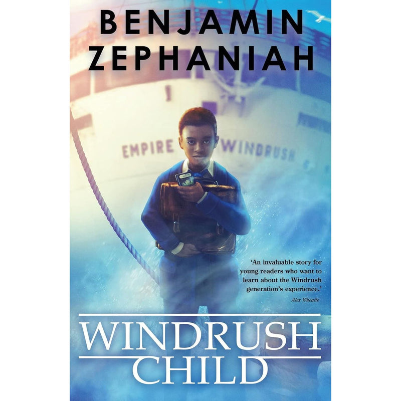 Cover image of "Windrush Child" by Benjamin Zephaniah, a Scholastic book featuring a colorful illustration.